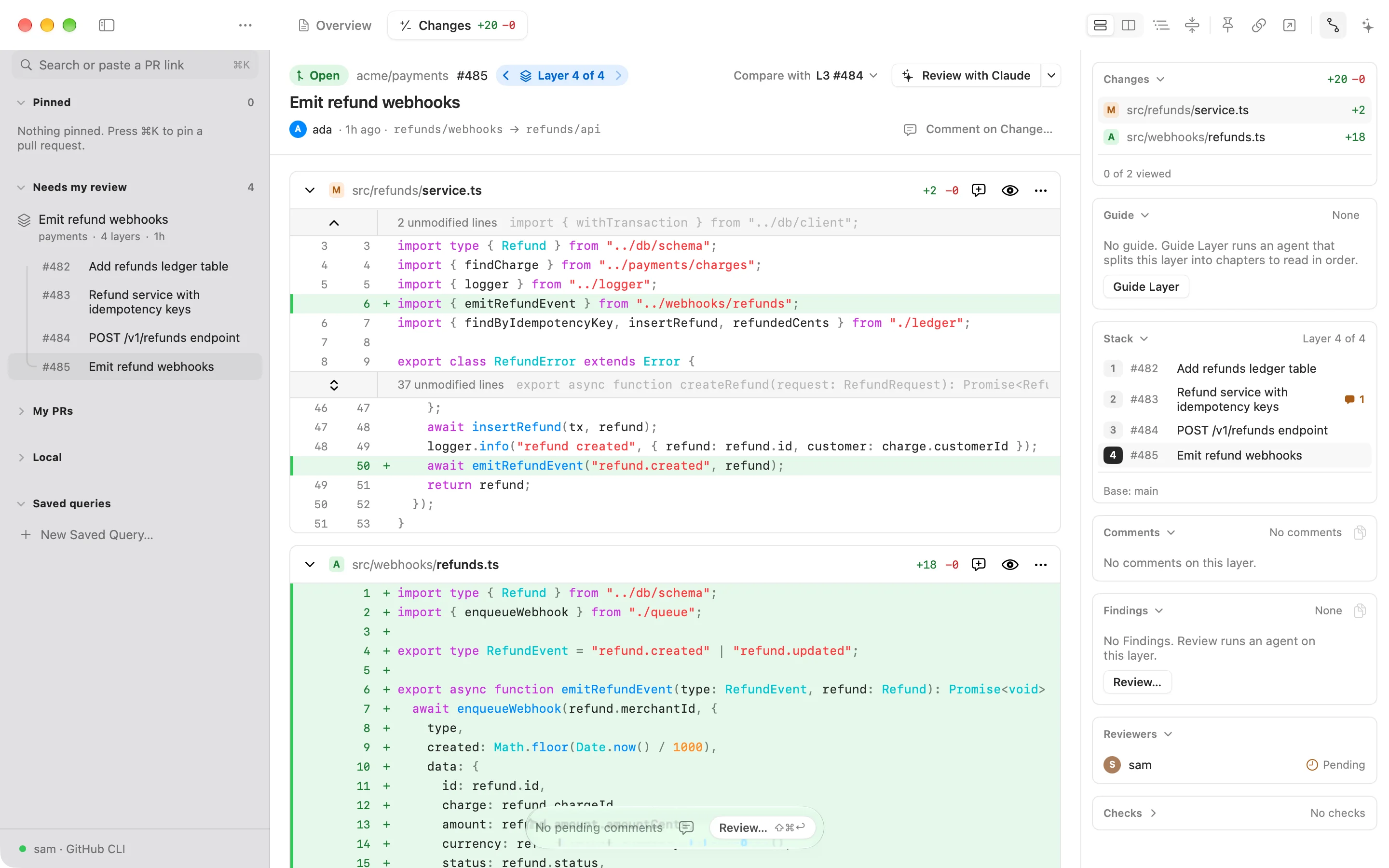 Layer 4 of the stack. The diff shows only the webhook change against layer 3. The Stack card lists all four layers.