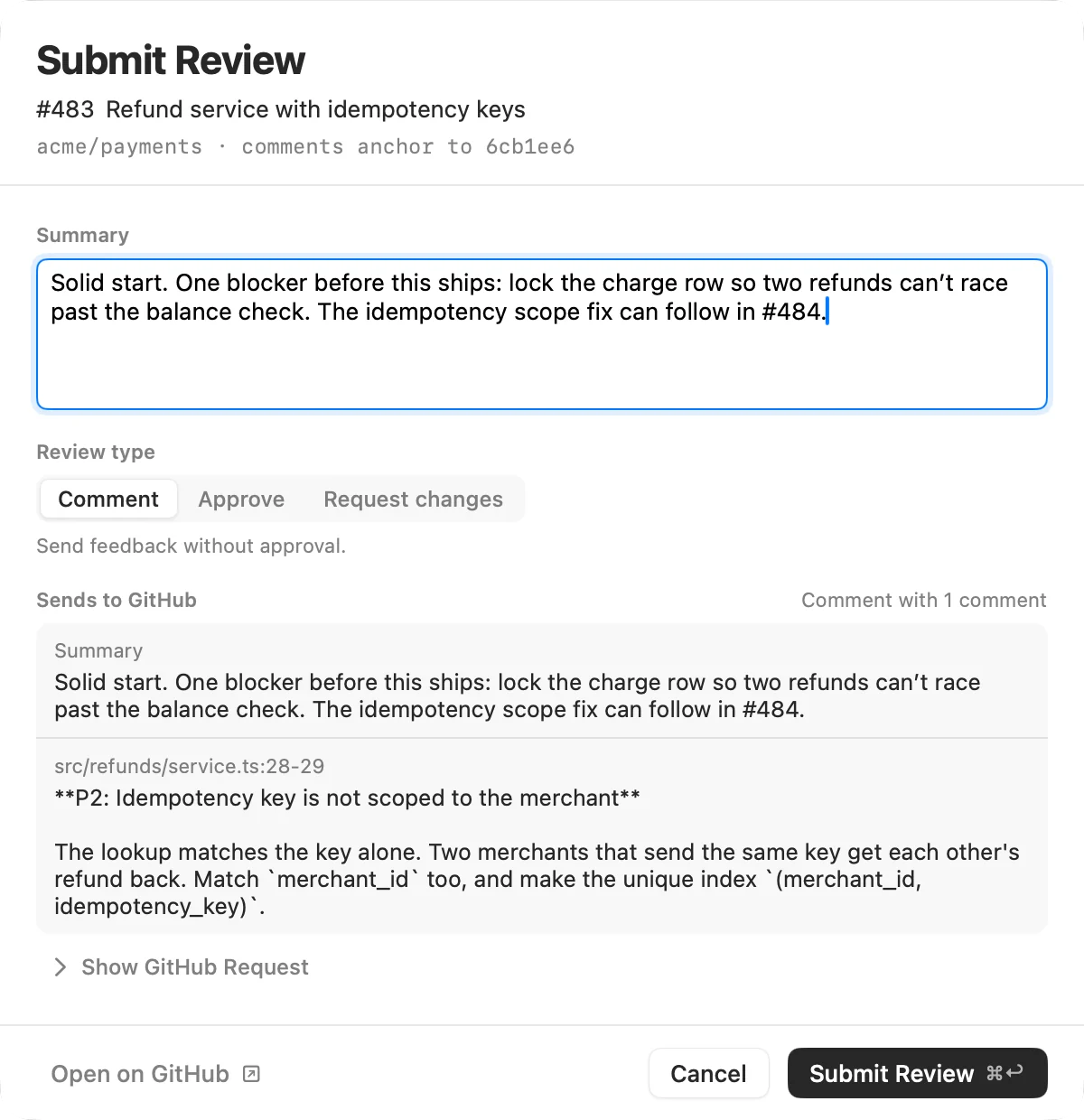 The Submit Review sheet shows the summary and the one comment that will go to GitHub, with Cancel and Submit Review.